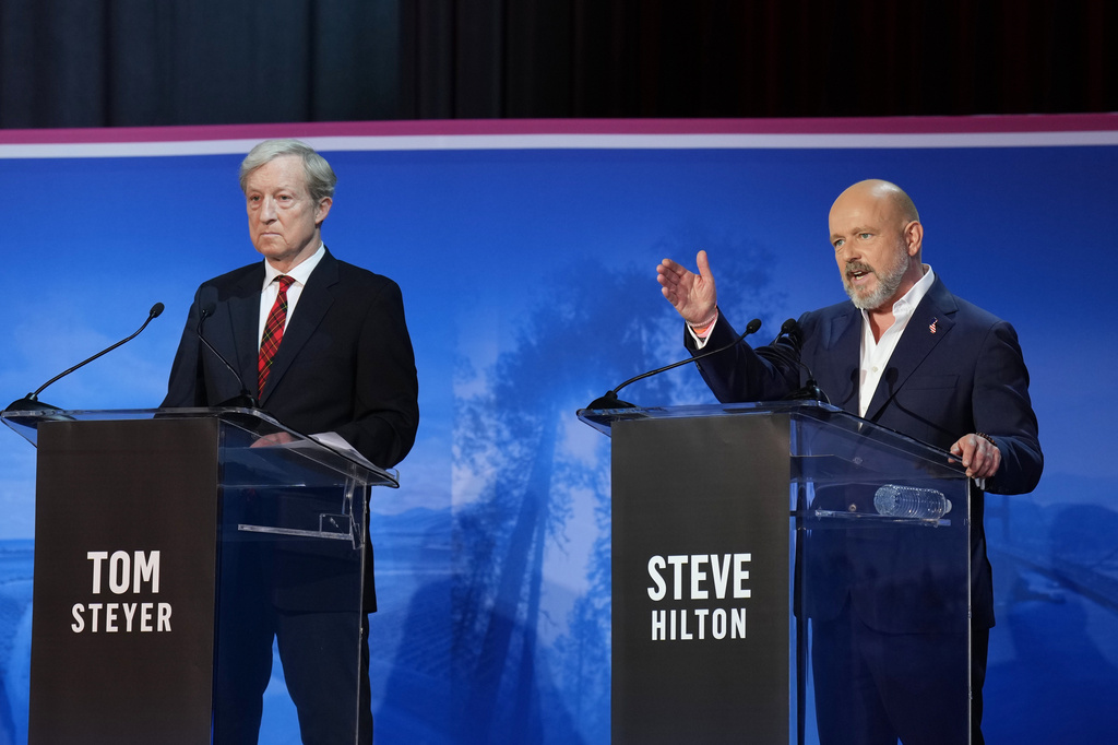 Steve Hilton, right, speaks beside Tom Steyer during a gubernatorial debate hosted by CBS LA at Pomona College in Claremont, Calif., Tuesday, April 28, 2026. (AP Photo/Jae C. Hong)