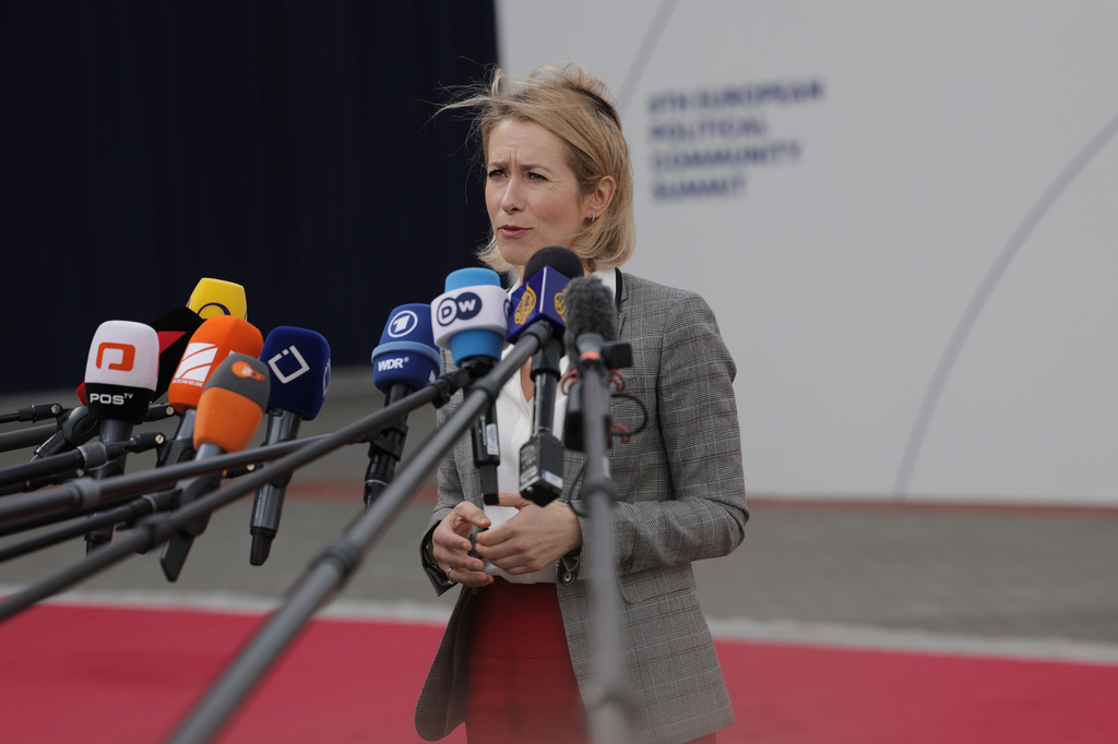 European Union foreign policy chief Kaja Kallas speaks with the media as she arrives for a meeting of the European Political Community in Yerevan, Armenia, Monday, May 4, 2026. (AP Photo/Anthony Pizzoferrato)