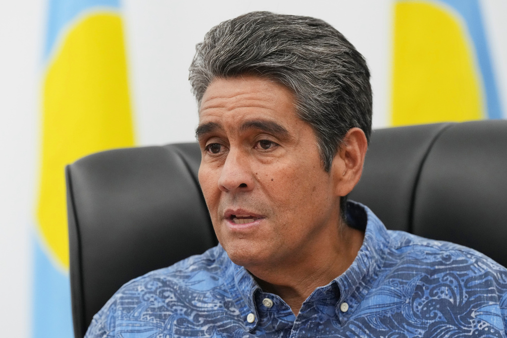 Palau's President Surangel Whipps Jr. speaks to reporters at the Pacific Islands Forum Leaders Meeting in Koror, Palau, Sunday, Aug. 30, 2026. (AP Photo/Charlotte Graham-McLay)