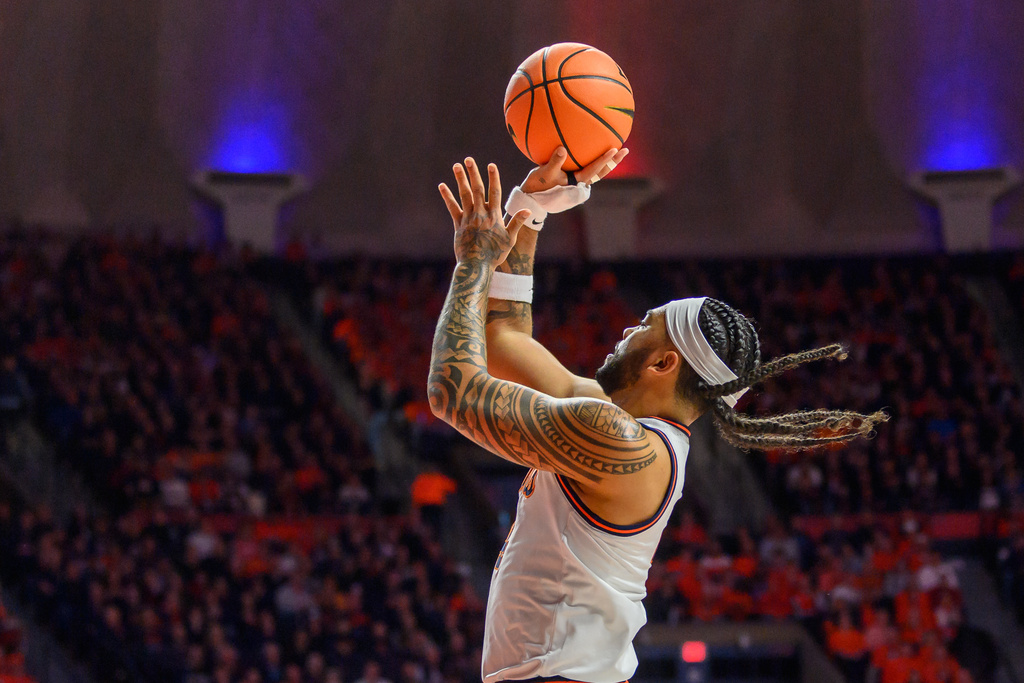 Illinois guard Kylan Boswell looks to shoot during the first half of an NCAA college basketball game against Indiana, Sunday, Feb. 15, 2026, in Champaign, Ill. (AP Photo/Craig Pessman)