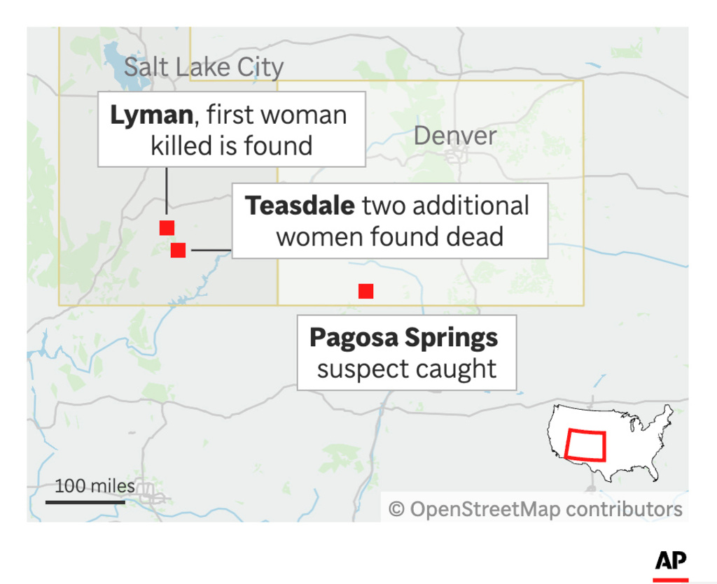 Map showing locations of killed woman and where the suspect was caught. (AP Digital Embed)