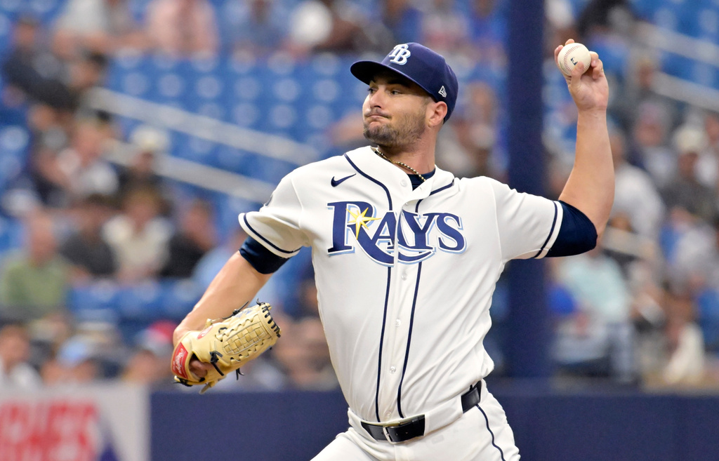 Tampa Bay Rays pitcher Shane McClanahan throw during the first inning of a baseball game against the Kansas City Royals Tuesday, June 23, 2026, in St. Petersburg, Fla. (AP Photo/Jason Behnken)