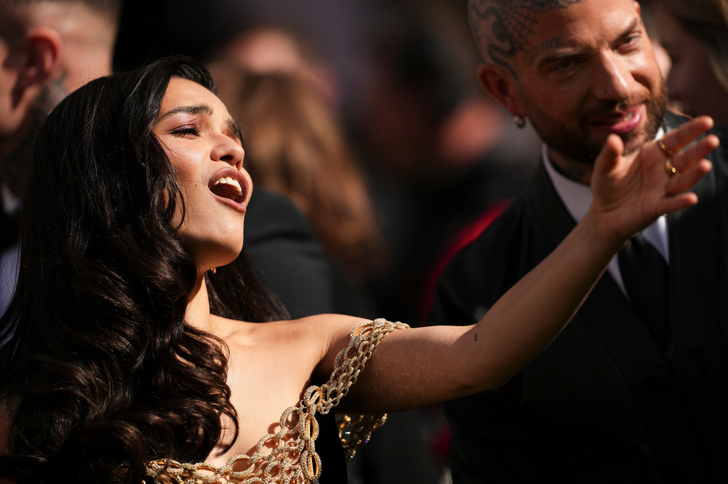 Rachel Zegler reacts upon arrival at the Olivier Awards in London, England, Sunday, April 12, 2026. (Photo by Scott A Garfitt/Invision/AP)