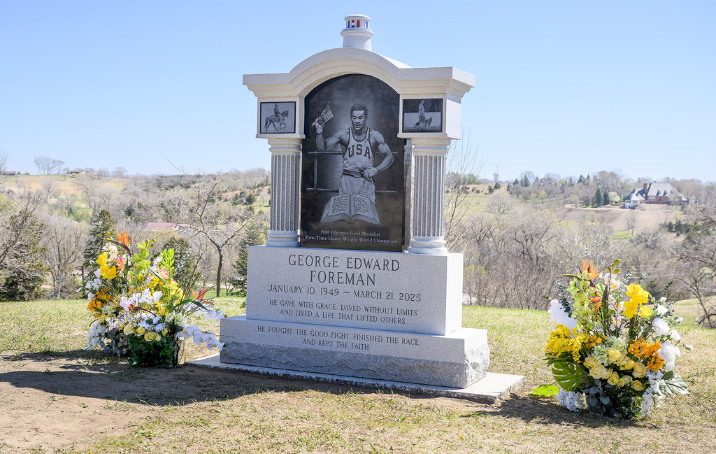 George Foreman's grave is shown Thursday, April 16, 2026, in Sioux City's Logan Park Cemetery. (Tim Hynds/Sioux City Journal via AP)