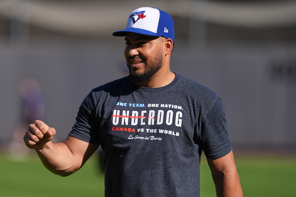 Toronto Blue Jays' Anthony Santander walks on the field during a batting practice at Yankee Stadium in New York, Monday, Oct. 6, 2025. (AP Photo/Seth Wenig)