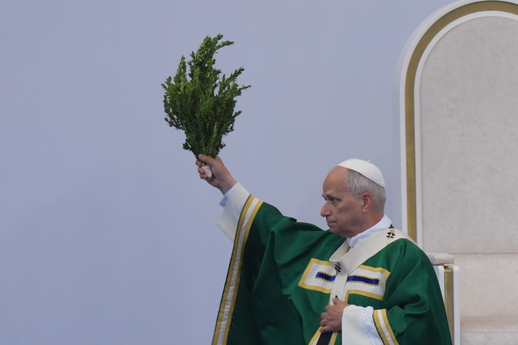 Pope Leo XIV celebrates Mass at the Sanctuary of Our Lady of Lourdes, France, Sunday, Sept. 27, 2026. (AP Photo/Thibault Camus)