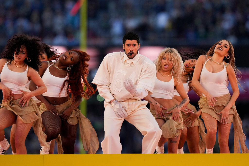 Bad Bunny performs during halftime of the NFL Super Bowl 60 football game between the New England Patriots and the Seattle Seahawks, Sunday, Feb. 8, 2026, in Santa Clara, Calif. (AP Photo/Lynne Sladky)