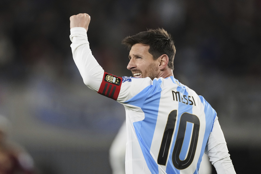 Argentina's Lionel Messi celebrates scoring his side's third goal against Venezuela during a World Cup 2026 qualifying soccer match at the Monumental stadium in Buenos Aires, Argentina, Thursday, Sept. 4, 2025. (AP Photo/Gustavo Garello)