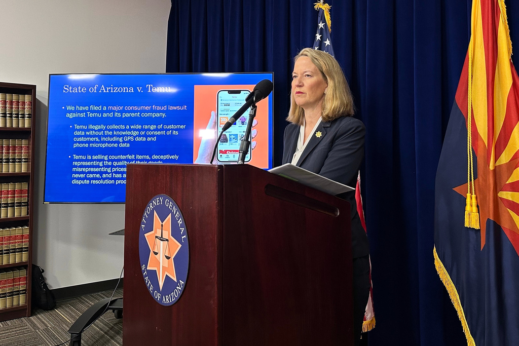 Arizona Attorney General Kris Mayes speaks at a news conference about her lawsuit against Chinese online retailer Temu in Phoenix on Tuesday, Dec. 2, 2025. (AP Photo/Sejal Govindarao)