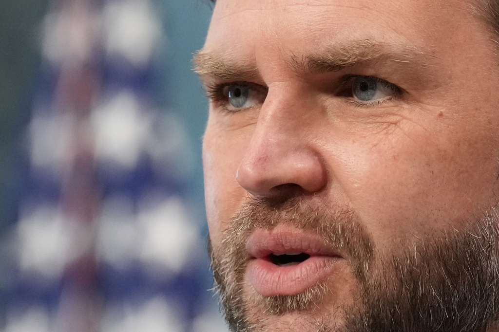 Vice President JD Vance speaks to the media from the Eisenhower Executive Office Building on the White House campus, Wednesday, May 13, 2026, in Washington. (AP Photo/Jacquelyn Martin)
