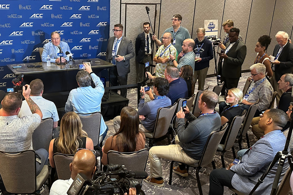 North Carolina head coach Bill Belichick speaks during the ACC Kickoff preseason NCAA College football media days Friday, July 17, 2026, in Charlotte, N.C. (AP Photo/Aaron Beard)