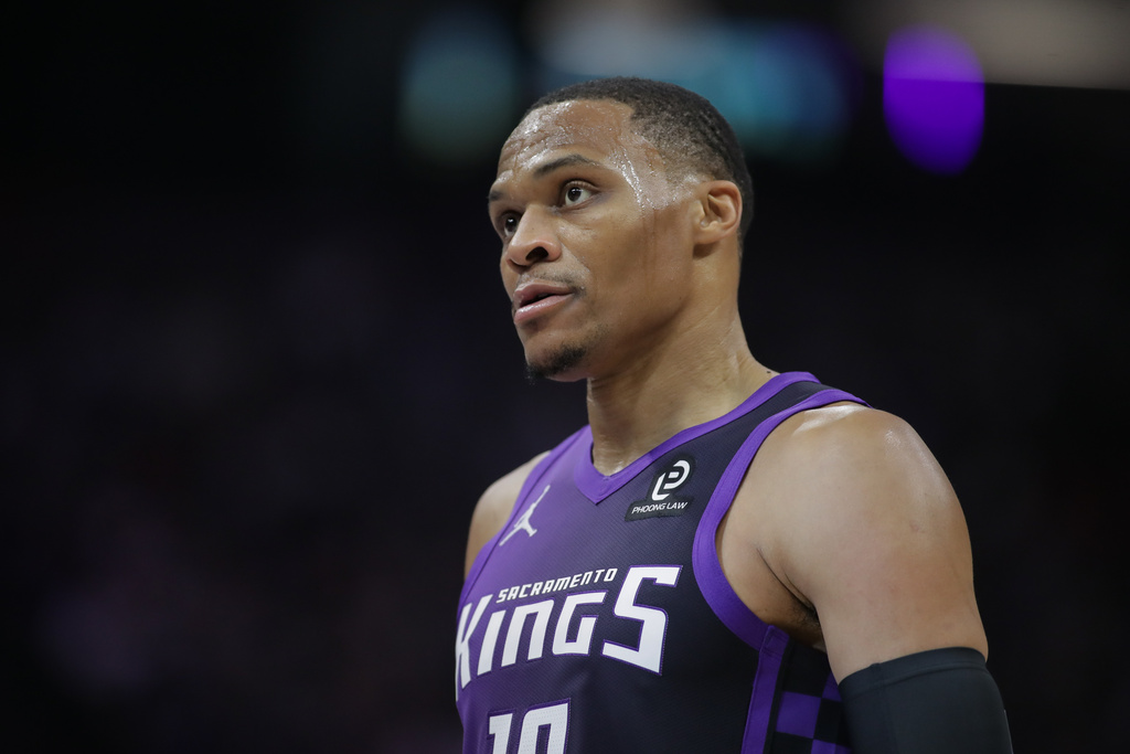 Sacramento Kings guard Russell Westbrook looks on during the first half of an NBA basketball game against the Dallas Mavericks, Saturday, Dec. 27, 2025, in Sacramento, Calif. (AP Photo/Scott Marshall)