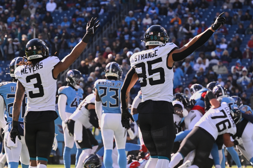 Jacksonville Jaguars wide receiver Jakobi Meyers (3) and tight end Brenton Strange (85) celebrate as quarterback Trevor Lawrence crosses the goal line for a 2-point conversion against the Tennessee Titans during the first half of an NFL football game Sunday, Nov. 30, 2025, in Nashville, Tenn. (AP Photo/John Amis)