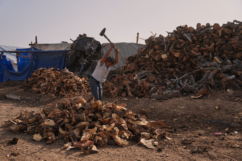 Palestinian Mohanad Eslem, 22, cuts firewood for sale in front of his shop on Salah al-Din Street near al-Bureij camp, central Gaza Strip, Saturday, Jan. 24, 2026. (AP Photo/Abdel Kareem Hana)