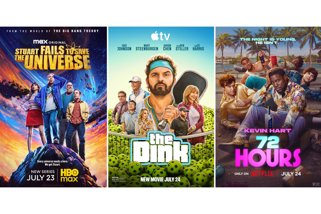 This combination of photos show promotional art for "Stuart Fails to Save the Universe," from left, "The Dink," and "72 Hours." (HBO Max/Apple TV/Netflix via AP)