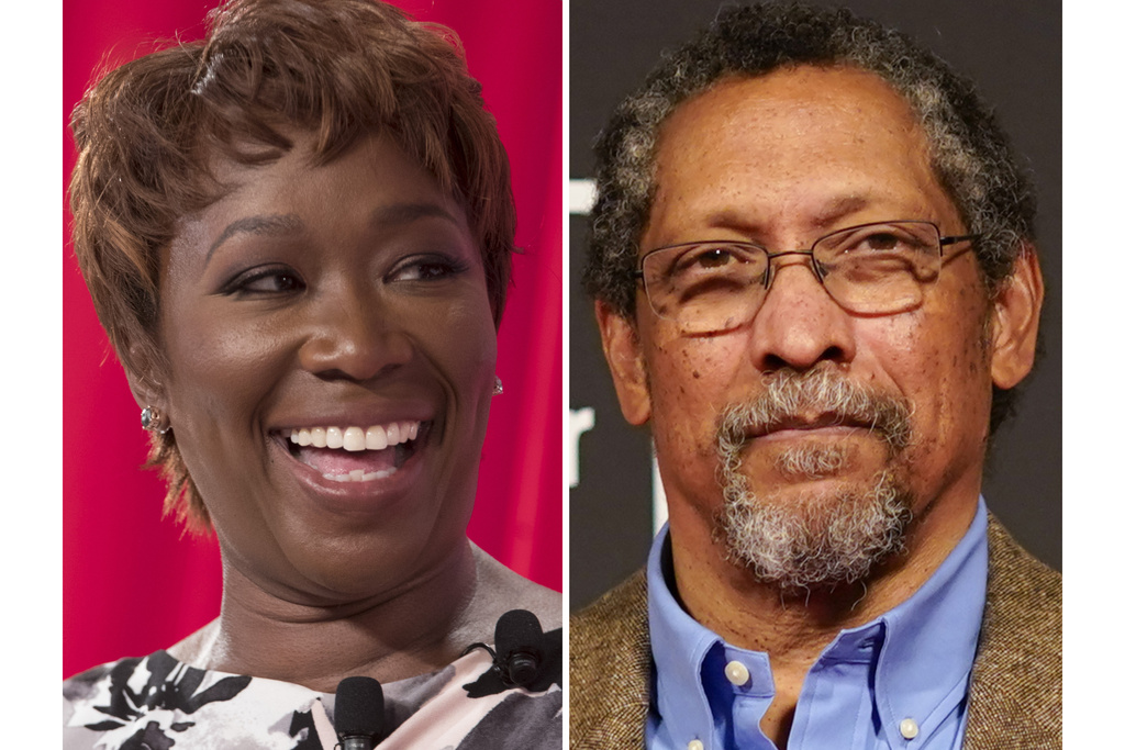 Joy Reid speaks during the during the TIME 100 Summit, April 23, 2019, in New York, left, and Percival Everett appears at the Booker Prize award dinner in London, Tuesday, Nov. 12, 2024. (AP Photo)