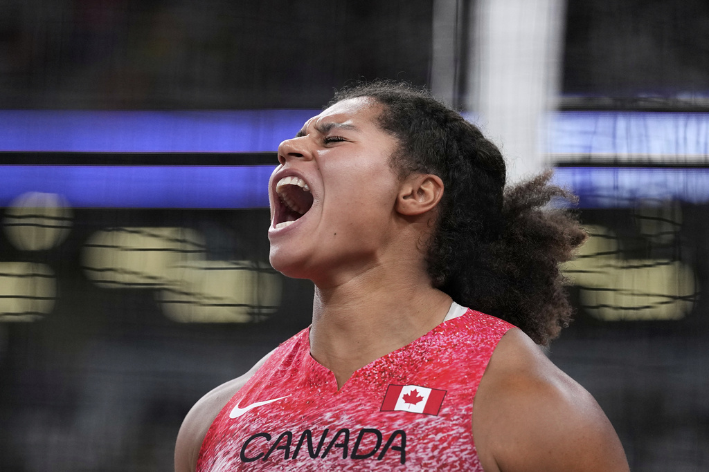 Canada's Camryn Rogers reacts after an attempt in the women's hammer throw final at the World Athletics Championships in Tokyo, Monday, Sept. 15, 2025. (AP Photo/Matthias Schrader)