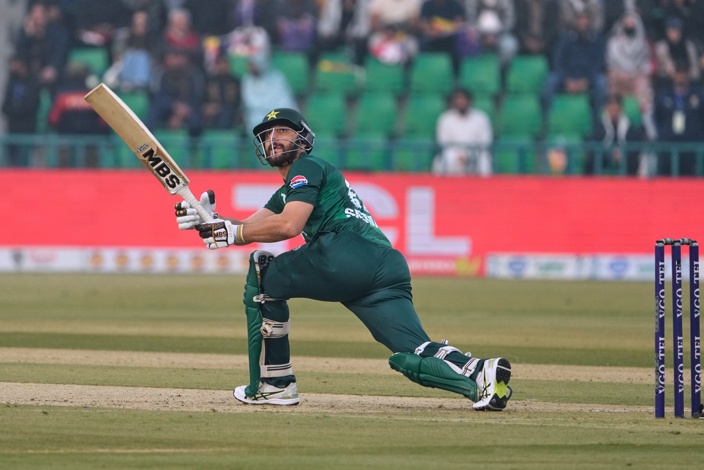 Pakistan's Salman Ali Agha bats during the second T20 cricket match between Pakistan and Australia, in Lahore, Pakistan, Saturday, Jan. 31, 2026. (AP Photo/K.M. Chaudary)