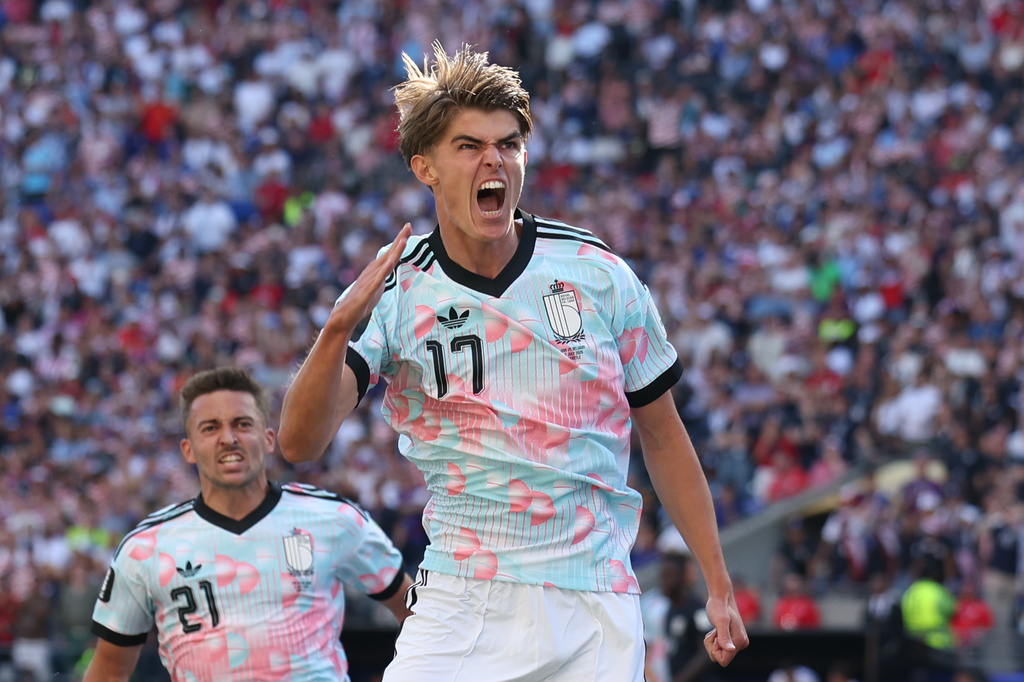 Belgium's Charles De Ketelaere (17) celebrates after scoring his side's opening goal during the World Cup round of 16 soccer match between the United States and Belgium in Seattle, Monday, July 6, 2026. (AP Photo/Maddy Grassy)