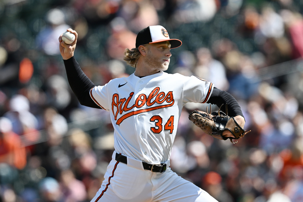 Baltimore Orioles pitcher Shane Baz throws a pitch against the Minnesota Twins during the first inning of a baseball game, Sunday, March 29, 2026 in Baltimore.(AP Photo/Gail Burton)