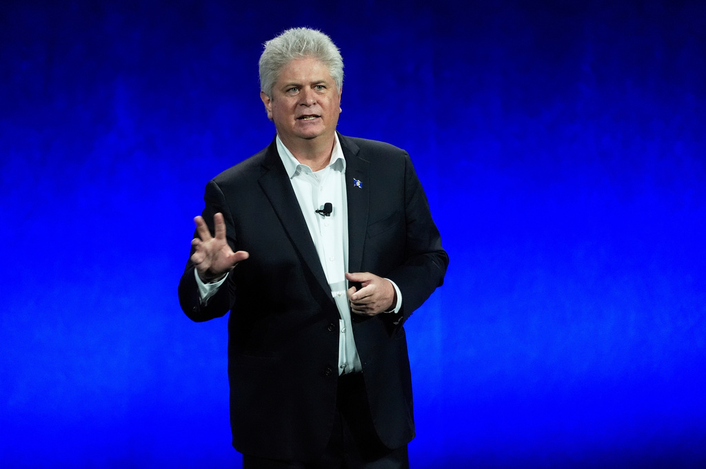 FiLE - Michael O'Leary, president and CEO of Cinema United, addresses the audience during the "State of the Industry" presentation at CinemaCon, on Tuesday, April 1, 2025, at Caesars Palace in Las Vegas. (AP Photo/Chris Pizzello, File)