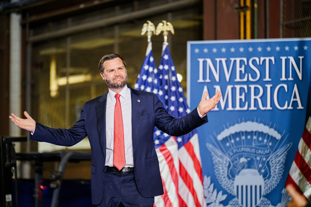 Vice President JD Vance walks on stage at the Cleveland Cliffs Middletown Works, Friday, Aug. 21, 2026, in Middletown, Ohio. (AP Photo/Jon Cherry)