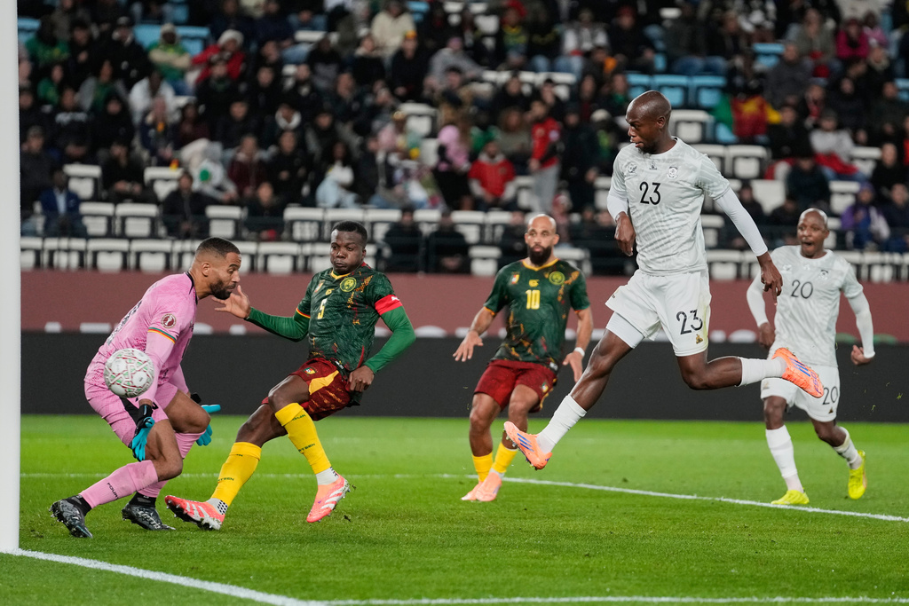 South Africa's Evidence Makgopa scores his side's first goal during the Africa Cup of Nations round of 16 soccer match between South Africa and Cameroon in Rabat, Morocco, Sunday, Jan. 4, 2026. (AP Photo/Themba Hadebe)