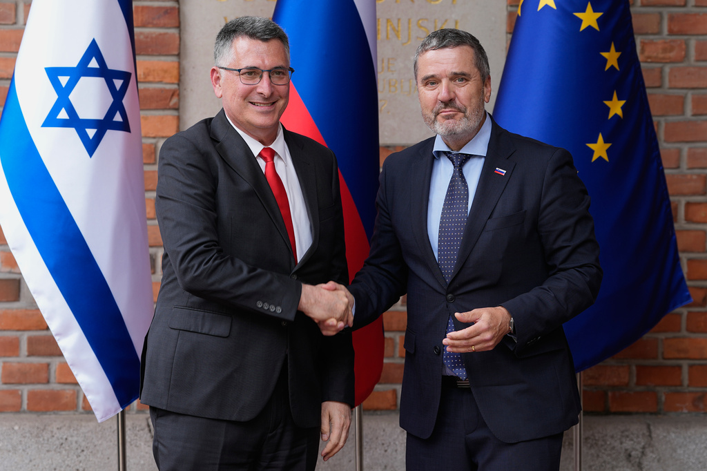 Israel's Foreign Minister Gideon Sa'ar, left, is welcomed by his Slovenian counterpart Tone Kajzer in Ljubljana, Slovenia, Wednesday, Sept. 9, 2026. (AP Photo/Darko Bandic)