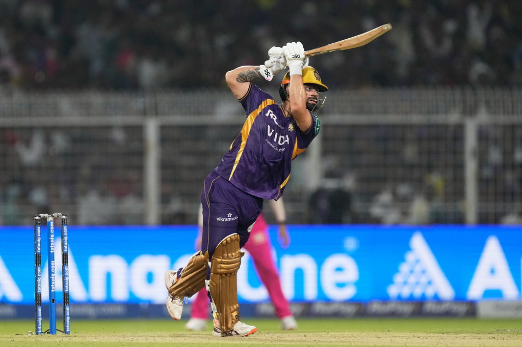 Kolkata Knight Riders' Rinku Singh plays a shot during the Indian Premier League cricket match between Kolkata Knight Riders and Rajasthan Royals in Kolkata, India, Sunday, April 19, 2026. (AP Photo/Bikas Das)