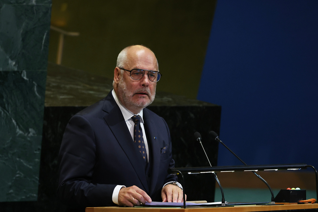 Estonia President Alar Karis addresses the 80th session of the United Nations General Assembly, Wednesday, Sept. 24, 2025, at U.N. headquarters. (AP Photo/Heather Khalifa)