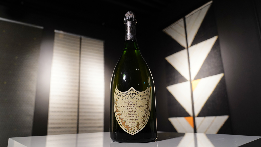 A bottle of Dom Perignon Vintage 1961 champagne, specially produced for wedding of The Prince of Wales and Lady Diana in 1981, pictured in Lyngby, Denmark, Wednesday, Dec. 3, 2025. (AP Photo/James Brooks)