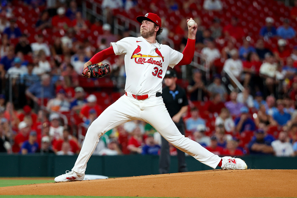 St. Louis Cardinals starting pitcher Matthew Liberatore throws during the first inning of a baseball game against the Chicago Cubs, Monday, July 27, 2026, in St. Louis. (AP Photo/Scott Kane)