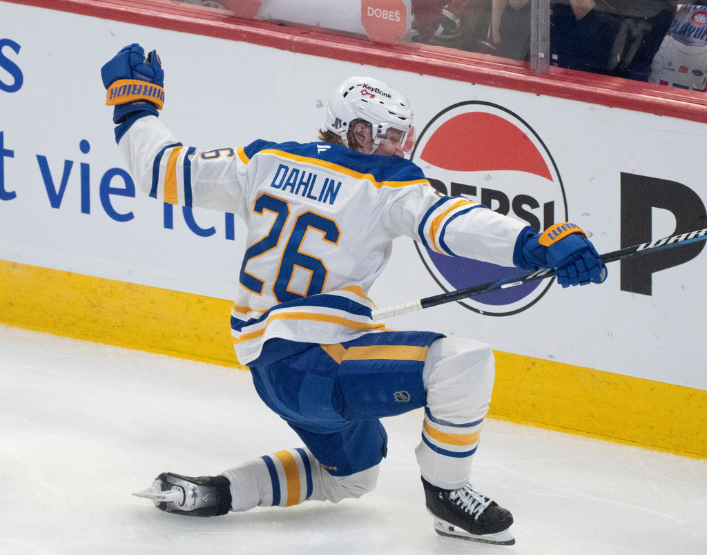 Buffalo Sabres' Rasmus Dahlin (26) celebrates his goal over Montreal Canadiens during first period second round, Game 6, NHL playoff action in Montreal on Saturday, May 16, 2026. (Christinne Muschi/The Canadian Press via AP)