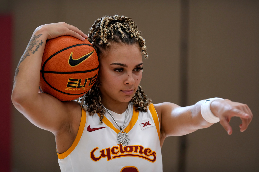 FILE - Iowa State guard Jada Williams poses for photographers during NCAA college basketball media day, Thursday, Oct. 16, 2025, in Ames, Iowa. (AP Photo/Charlie Neibergall)