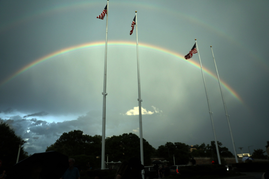 A double rainbow is seen from the John F. Kennedy Center for the Performing Arts in Washington, Friday, June 12, 2026. (AP Photo/Rahmat Gul)
