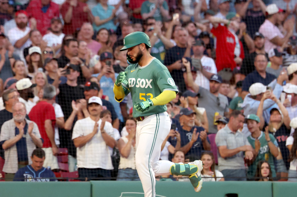 Boston Red Sox's Wilyer Abreu runs to home plate after hitting a solo home run during the third inning of the second baseball game of a doubleheader against the Tampa Bay Rays, Friday, July 17, 2026, in Boston. (AP Photo/Mark Stockwell)