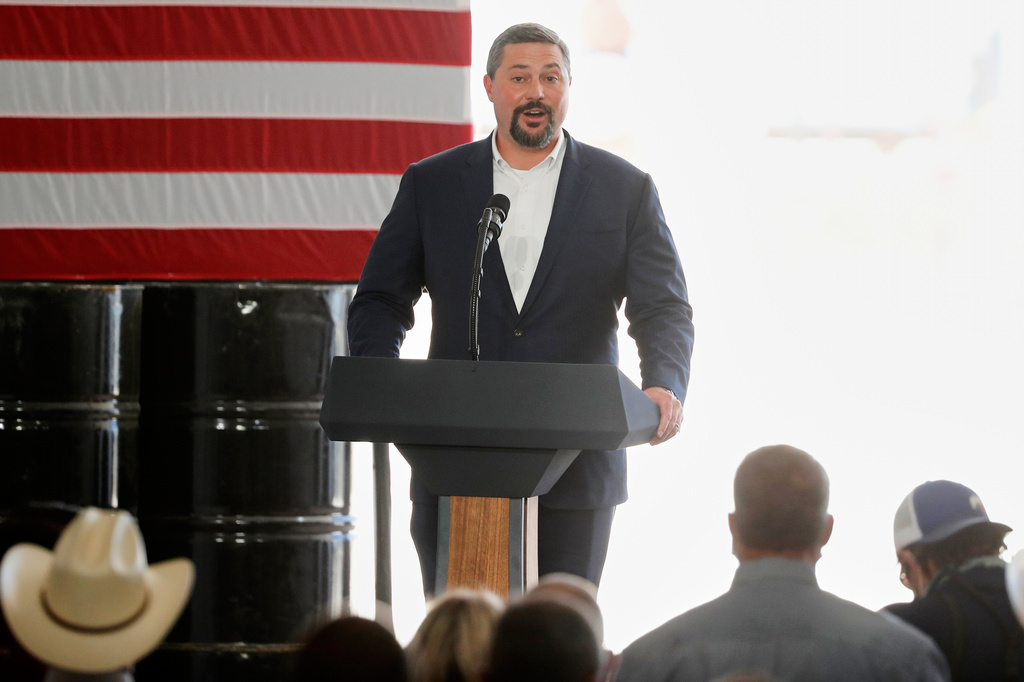 FILE - Cody Campbell, the co-CEO of Double Eagle Energy, introduces President Donald Trump at a Double Eagle Energy oil rig, July 29, 2020, in Midland, Texas. (AP Photo/Tony Gutierrez, File)