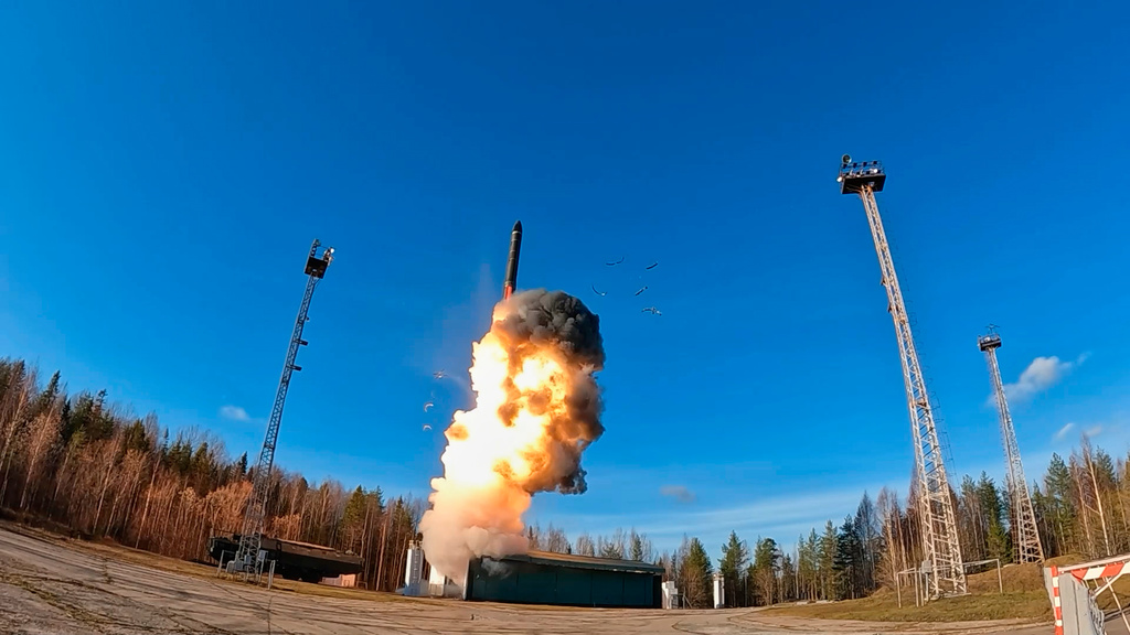 In this photo taken from video distributed by Russian Defense Ministry Press Service on Wednesday, Oct. 22, 2025, a Yars intercontinental ballistic missile is test-fired from the Plesetsk launch facility in northwestern Russia as part of drills of Russia's nuclear forces. (Russian Defense Ministry Press Service via AP)