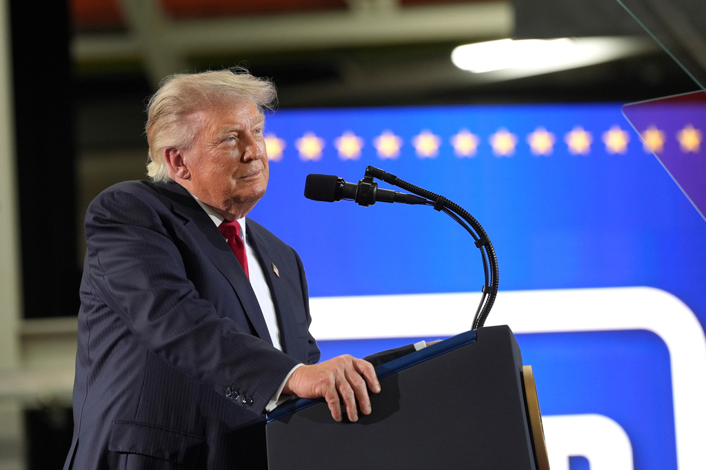 President Donald Trump pauses during a speech at General Motors proving ground, Monday, July 27, 2026, in Milford, Mich. (AP Photo/Alex Brandon)