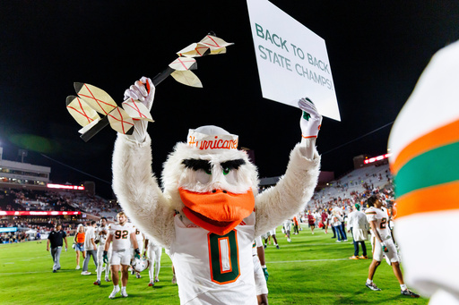 Miami mascot Sebastian the Ibis celebrates defeating Florida State in a NCAA college football game, Saturday, Oct. 4, 2025, in Tallahassee, Fla. (AP Photo/Colin Hackley) Miami mascot Sebastian the Ibis celebrates defeating Florida State in a NCAA college football game, Saturday, Oct. 4, 2025, in Tallahassee, Fla. (AP Photo/Colin Hackley)