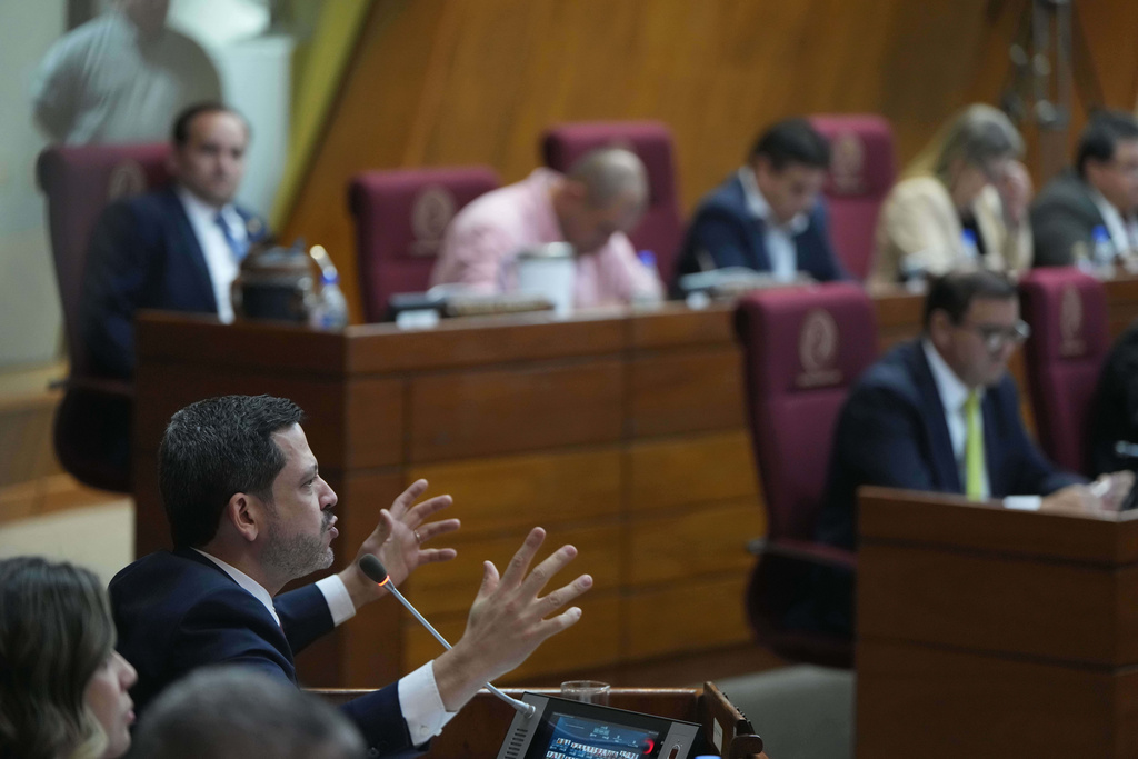 Raul Latorre, president of Paraguayan Chamber of Deputies, gives his support to the final vote in favor of the Status of Forces Agreement (SOFA) military agreement between the U.S. and Paraguay in Asuncion, Paraguay, Tuesday, March 10, 2026. (AP Photo/Jorge Saenz)