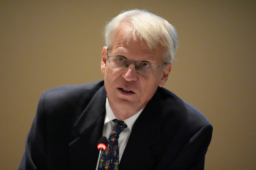 FILE - Dr. Martin Kulldorff speaks during a meeting of the Advisory Committee in Immunization Practices at the CDC, June 25, 2025, in Atlanta. (AP Photo/Mike Stewart, File)