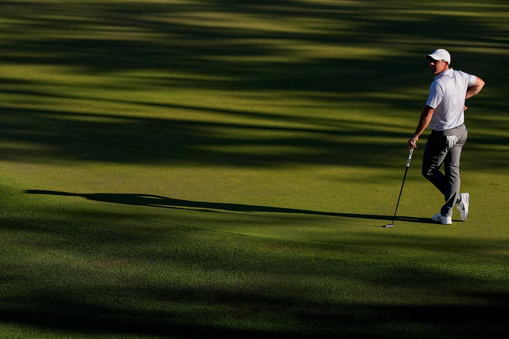 Rory McIlroy, of Northern Ireland, waits to play on the 16th hole during the second round of the Masters golf tournament at the Augusta National Golf Club, Friday, April 10, 2026, in Augusta, Ga. (AP Photo/Ashley Landis)