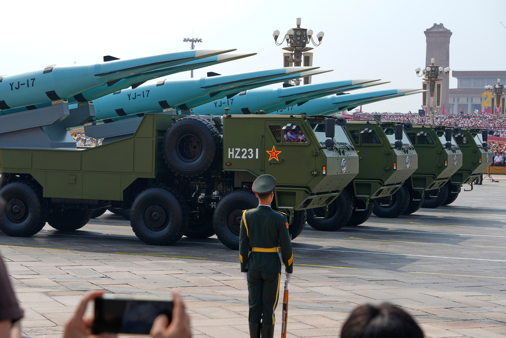 FILE - YJ-17, hypersonic anti-ship missiles, pass during a military parade to commemorate the 80th anniversary of Japan's World War II surrender held in front of Tiananmen Gate in Beijing, Wednesday, Sept. 3, 2025. (AP Photo/Ng Han Guan, File)