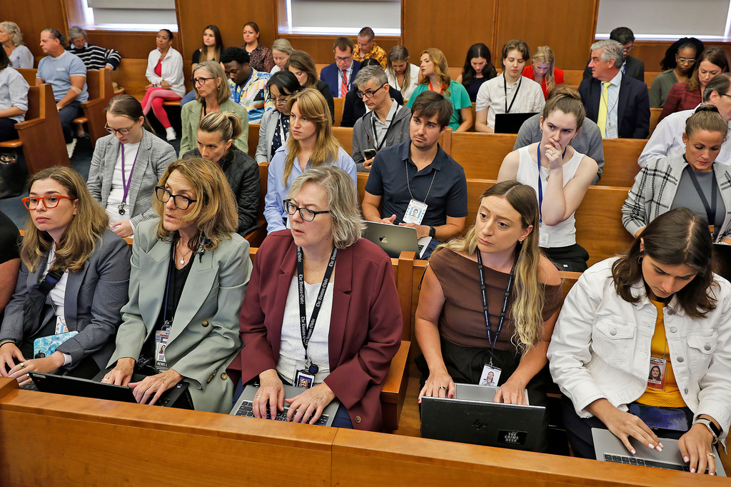 The press and spectators sit in the courtroom during Lindsay Clancy's murder trial at Plymouth Superior Court in Plymouth, Mass., Wednesday, Sept. 2, 2026. (Greg Derr/The Patriot Ledger via AP, Pool)