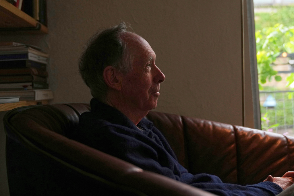 Ian McEwan, British novelist and screenwriter, gestures as he speaks to press during an interview in London, Friday, Sept. 12, 2025. (AP Photo/Joanna Chan)