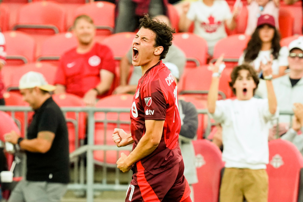 Toronto FC's Markus Cimermancic (71) celebrates his goal against Charlotte FC during the first half of a MLS soccer game in Toronto, Wednesday, Aug. 19, 2026. (Chris Young/The Canadian Press via AP)