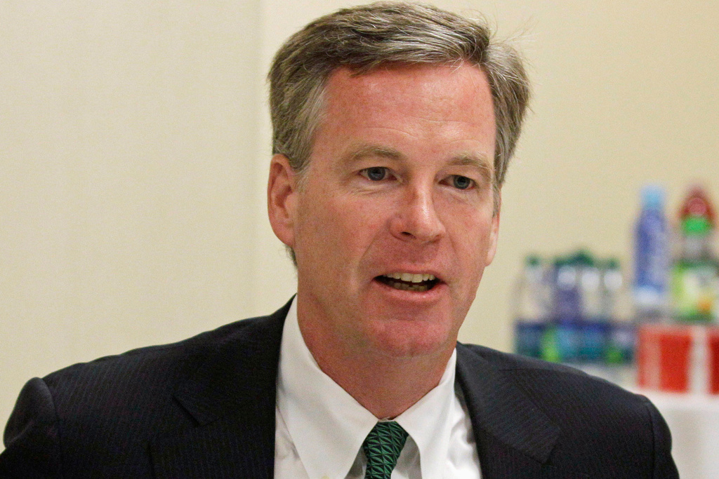FILE - Steve Cahillane, president of Coca-Cola Americas, speaks during an interview with The Associated Press while attending the Clinton Global Initiative America gathering in Chicago, June 7, 2012. (AP Photo/M. Spencer Green, File)