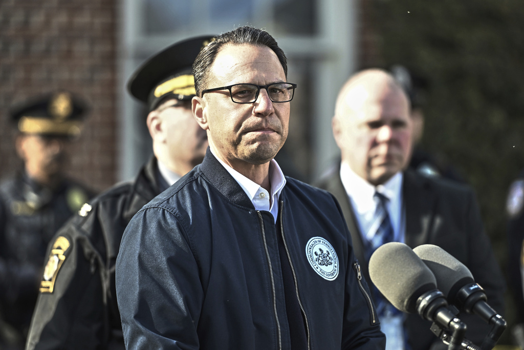 FILE - Pennsylvania Gov. Josh Shapiro pauses during a news conference at the governor's official residence discussing the alleged arson that forced him, his family and guests to flee in the middle of the night on the Jewish holiday of Passover, Sunday, Apr. 13, 2025, in Harrisburg, Pa. (AP Photo/Marc Levy, File)