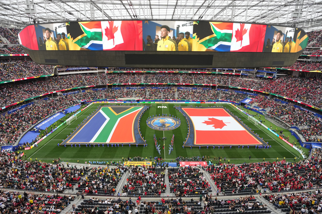 General view during the pre game ceremony before the World Cup round of 32 soccer match between Canada and South Africa in Inglewood, Calif., near Los Angeles, Sunday, June 28, 2026. (AP Photo/Marcio Sanchez)